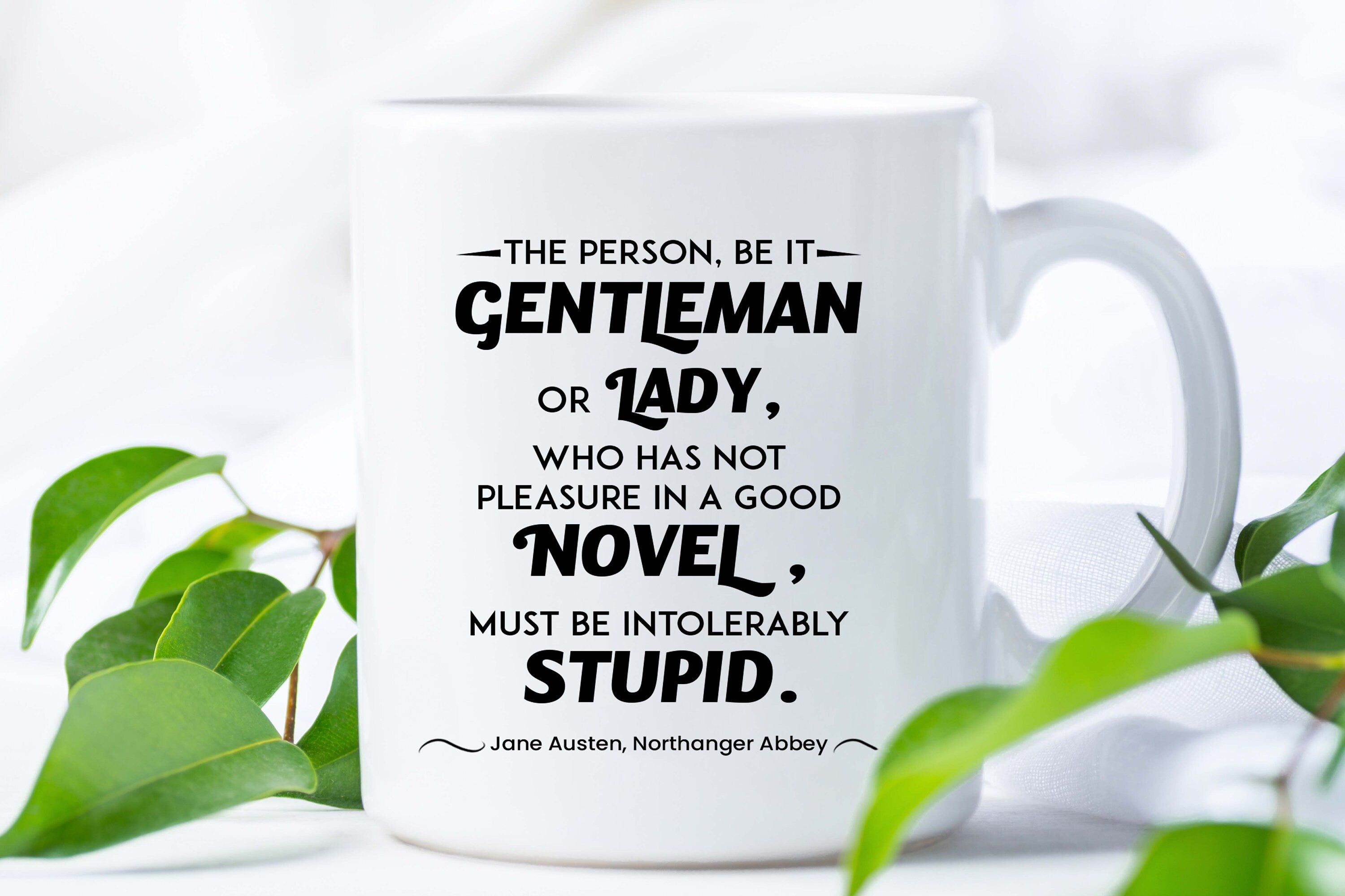 Pleasure In A Good Novel Jane Austen Coffee Mug, Reading Mug with Quote from Northanger Abbey