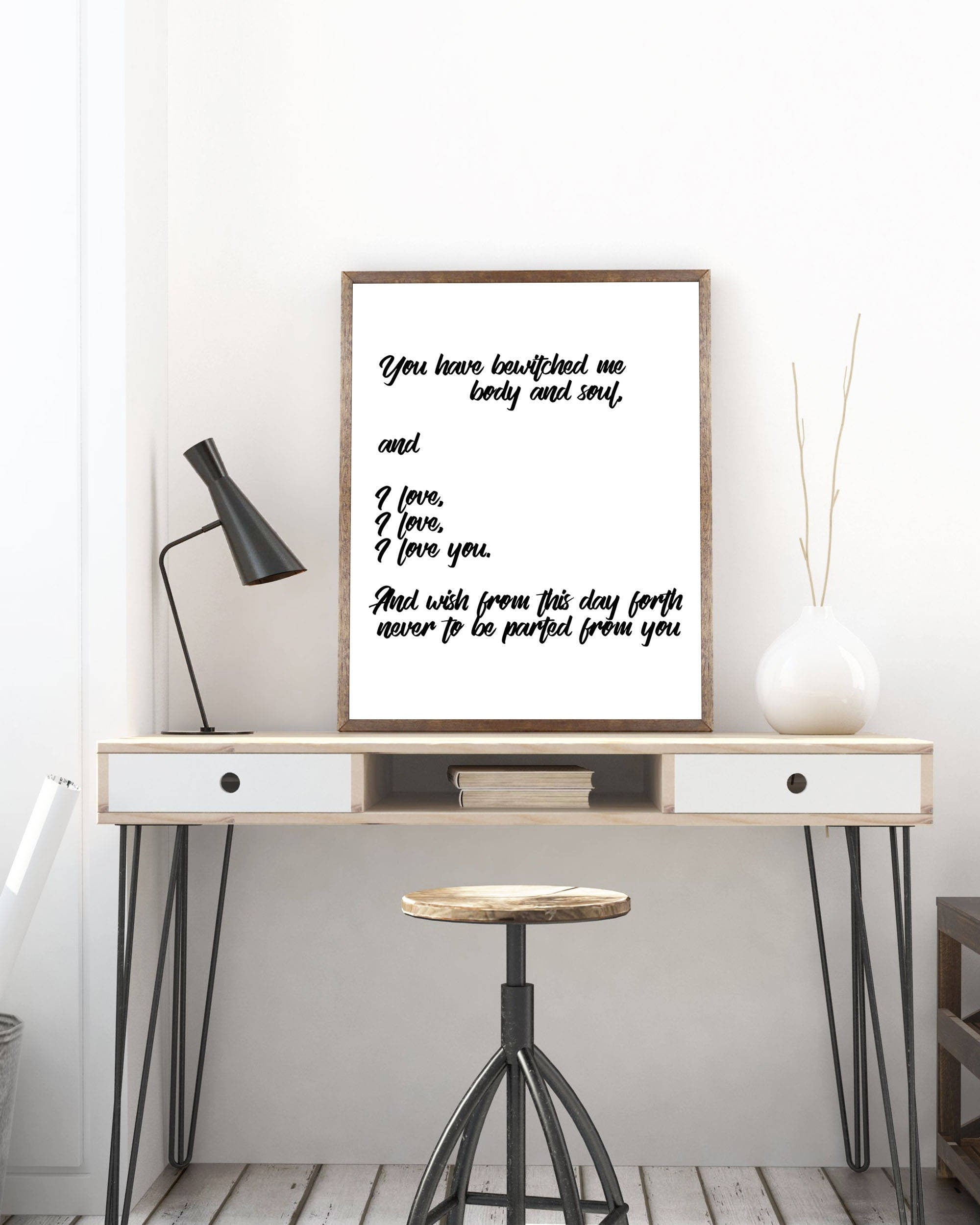 Mr Darcy Pride and Prejudice Jane Austen Quote Wall Art Print, Unframed You Have Bewitched Me Wall Decor in Black and White