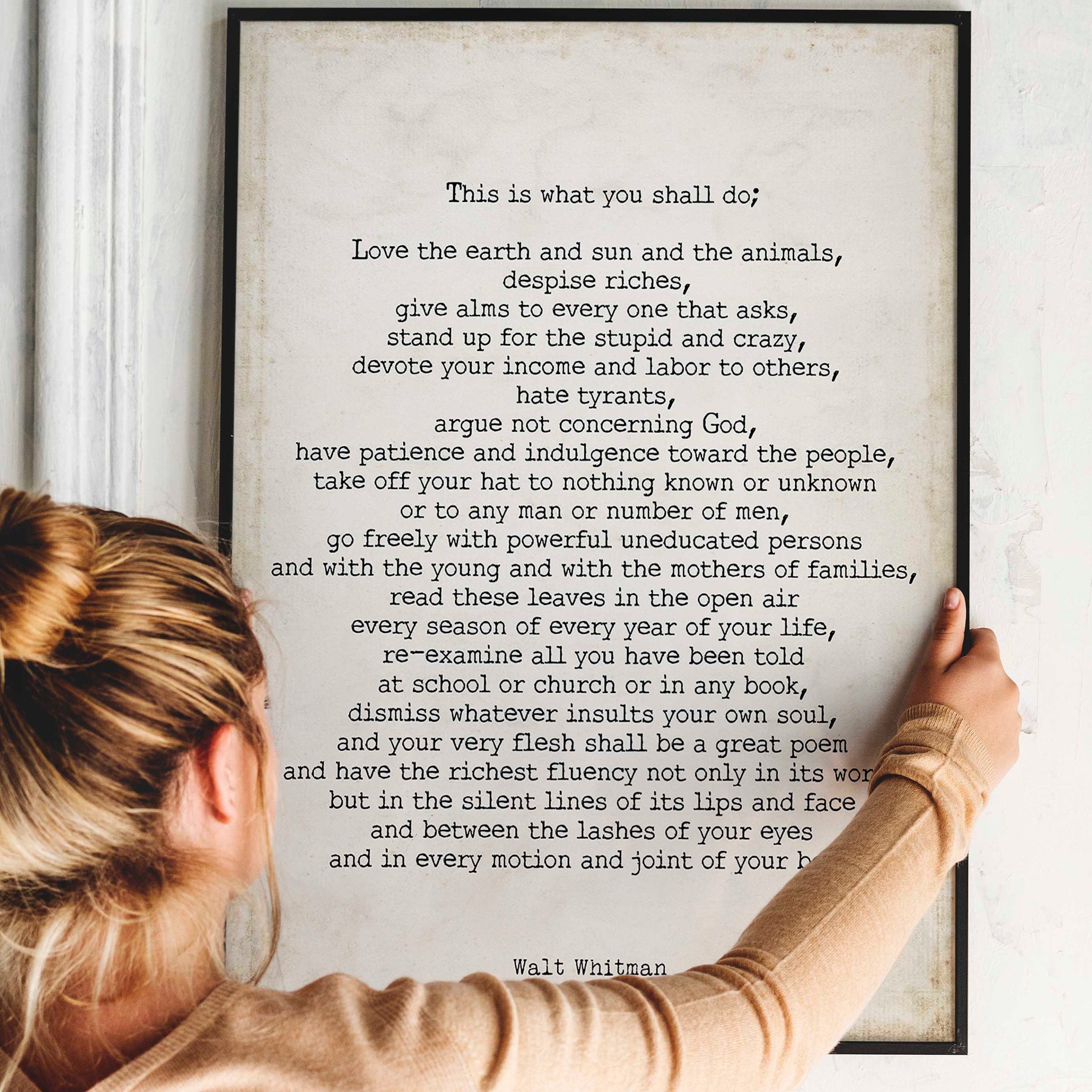 FRAMED Walt Whitman Leaves of Grass Print, This Is What You Shall Do Inspirational Poem in Vintage Background FRAMED 8x10 - 24x36