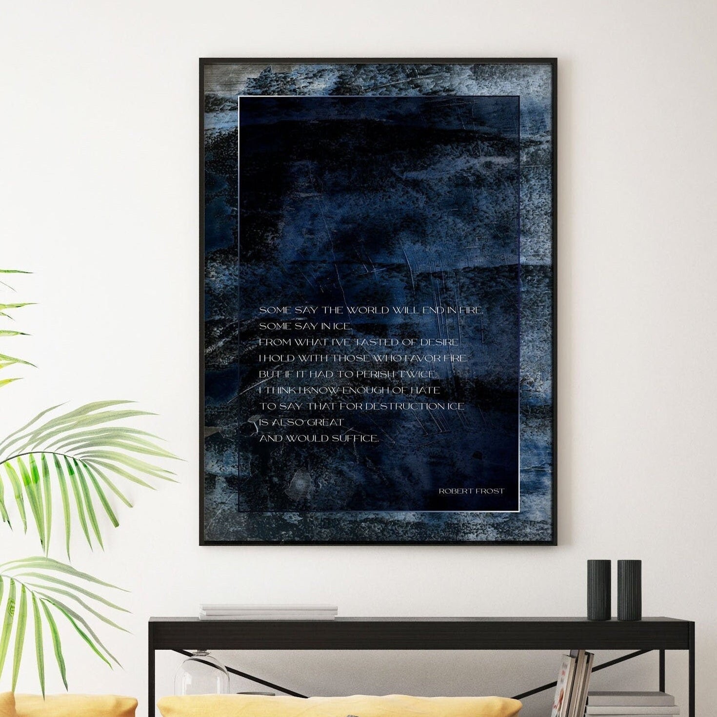 Fire and Ice Robert Frost Wall Art Print Dark Blue Navy Watercolor Abstract Art for Living Room Wall Art