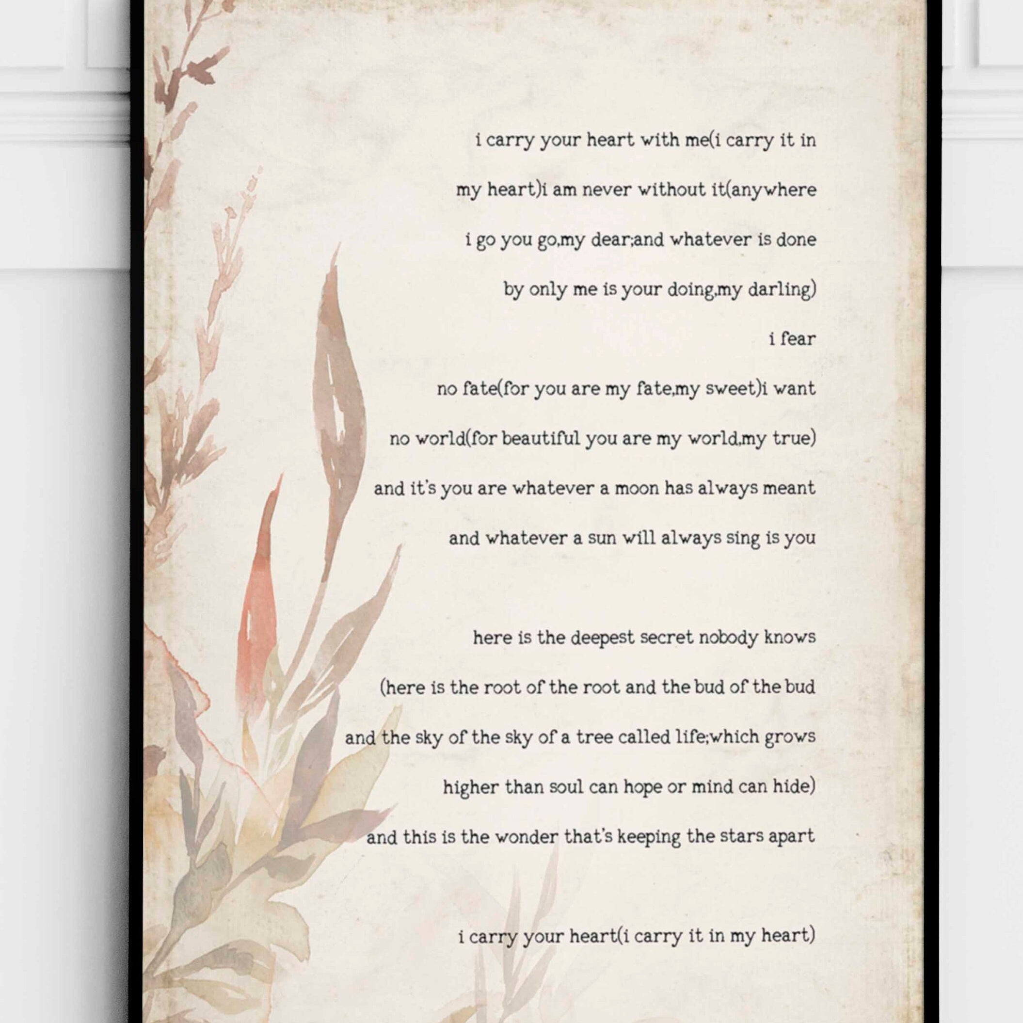 I Carry Your Heart Poem By E E Cummings Framed Art Print With Floral Vintage Background