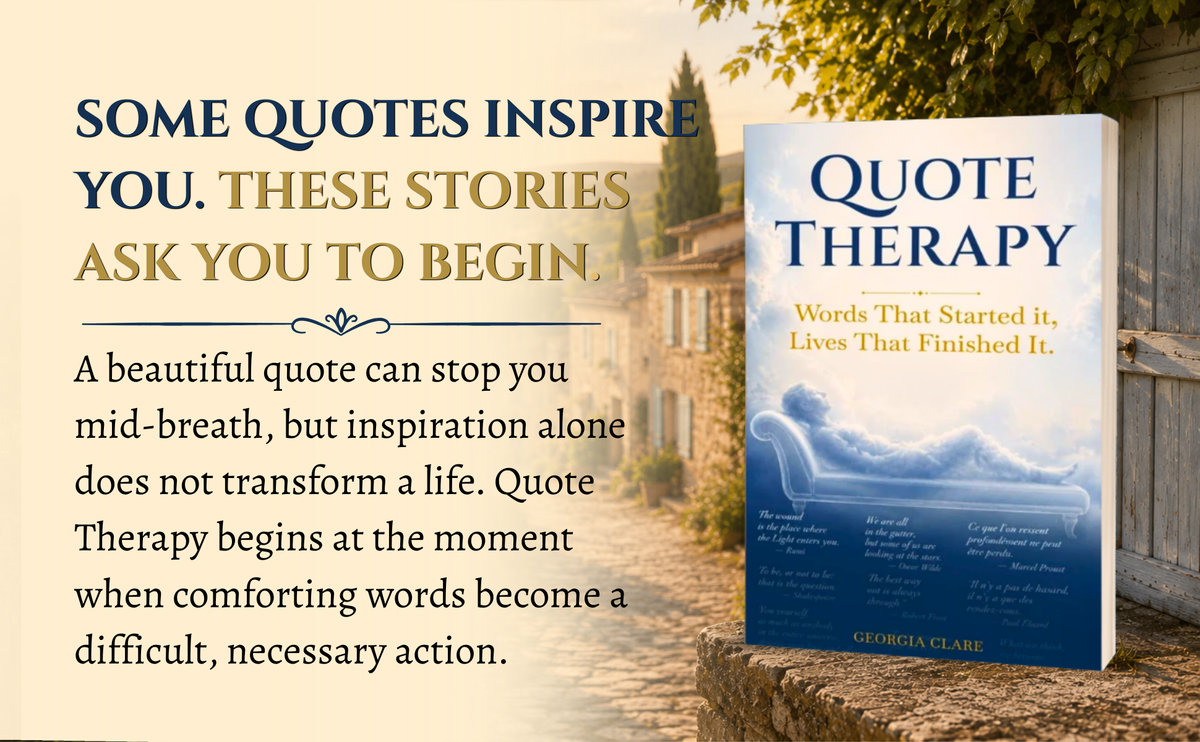 Quote Therapy paperback on a stone wall in a French village street