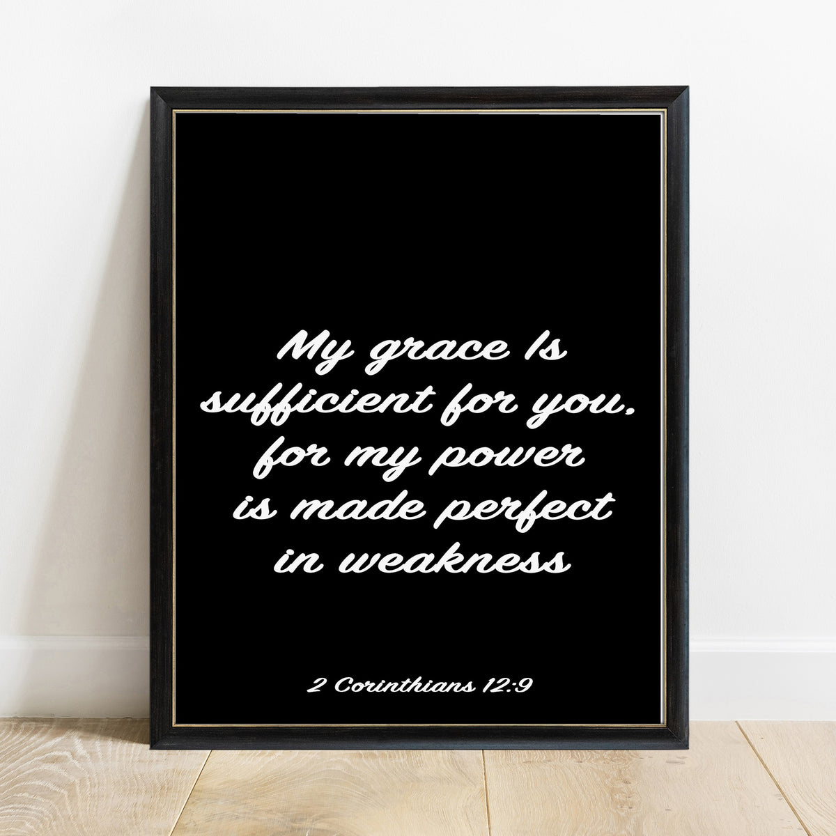 2 Corinthians 12:9 my grace is sufficient scripture print in a black frame, black background