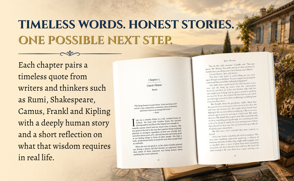 Quote Therapy open at a chapter pairing a Rumi quote with a story