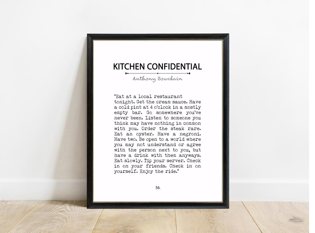 Anthony Bourdain Kitchen Confidential book page print in a black frame, white background