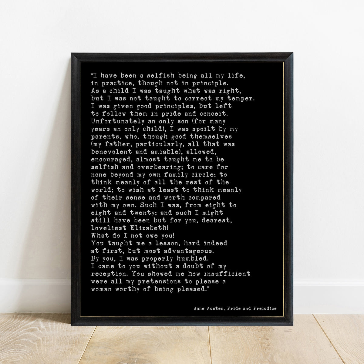 Jane Austen Pride and Prejudice Mr Darcy letter print in a black frame, black background