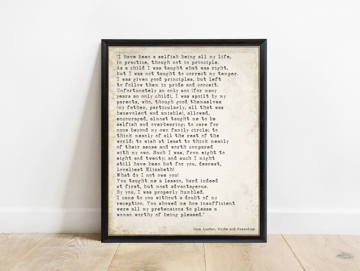 Jane Austen Pride and Prejudice Mr Darcy letter print in a black frame, vintage background