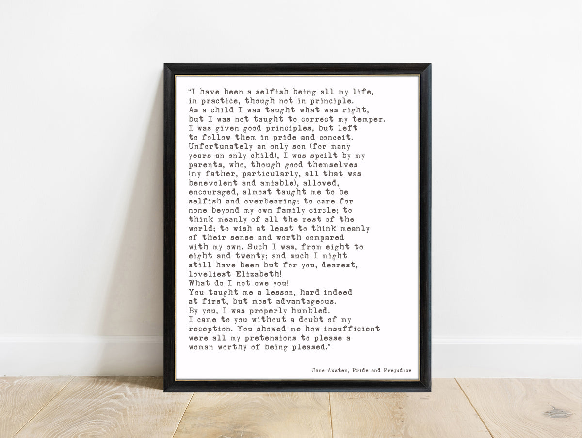 Jane Austen Pride and Prejudice Mr Darcy letter print in a black frame, white background