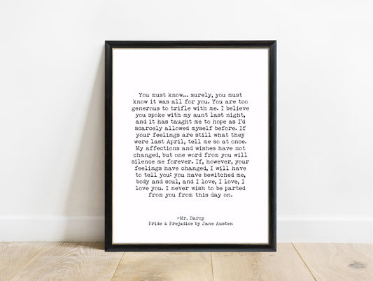 Jane Austen Pride and Prejudice Mr Darcy you must know print in a black frame, white background