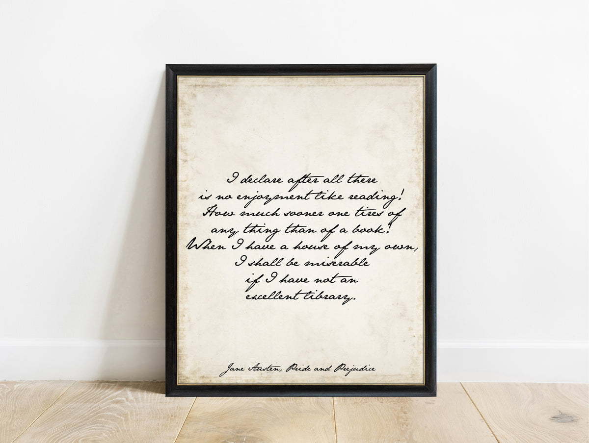 Jane Austen There Is No Enjoyment Like Reading script print in a black frame, vintage background