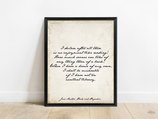 Jane Austen There Is No Enjoyment Like Reading script print in a black frame, vintage background