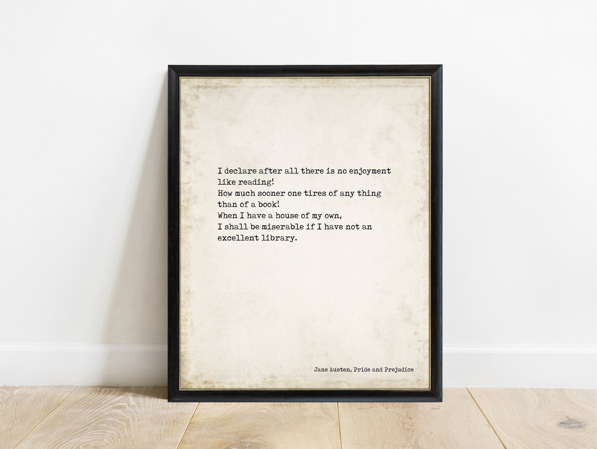 Jane Austen There Is No Enjoyment Like Reading typewriter print in a black frame, vintage background