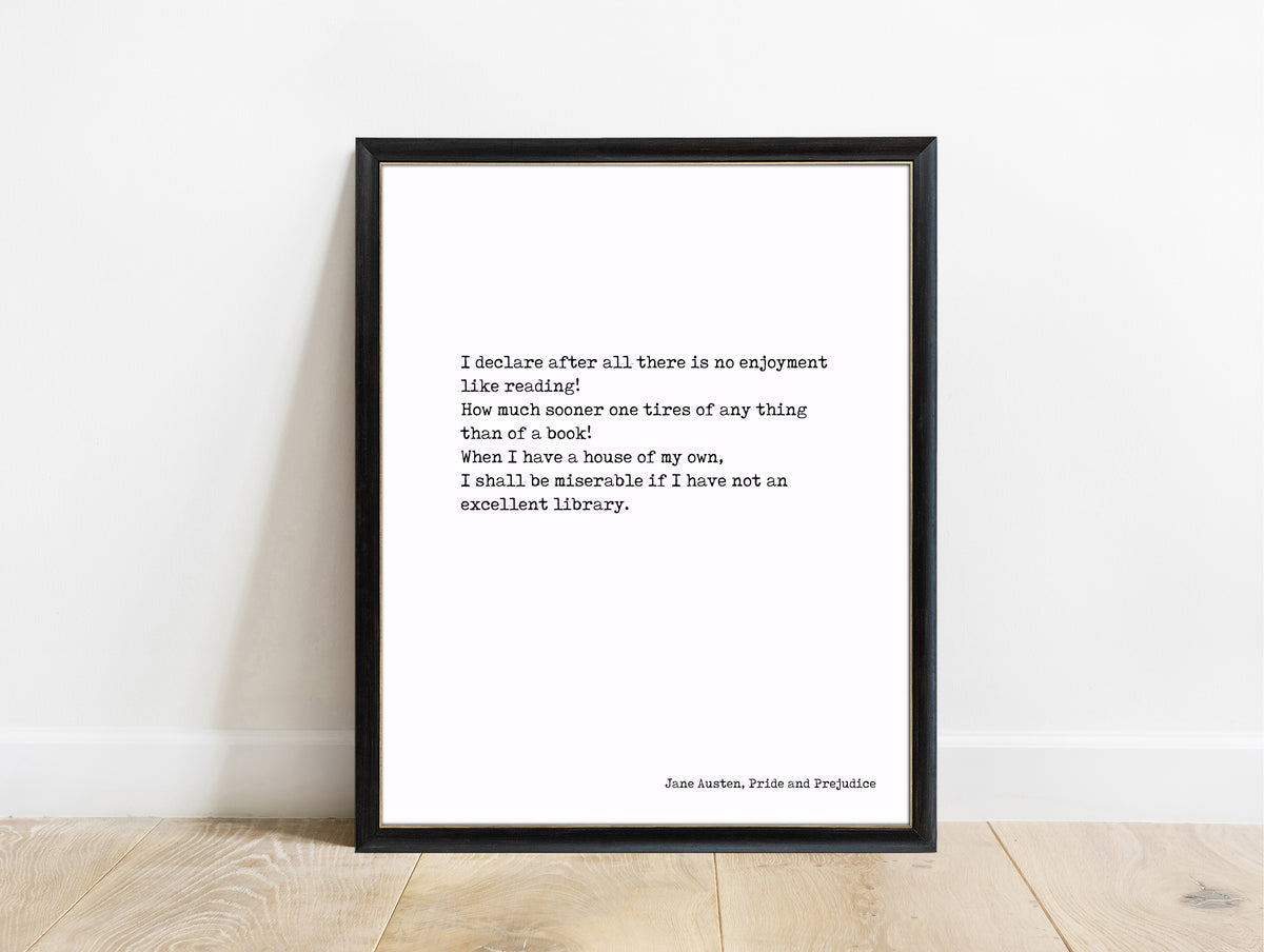 Jane Austen There Is No Enjoyment Like Reading typewriter print in a black frame, white background