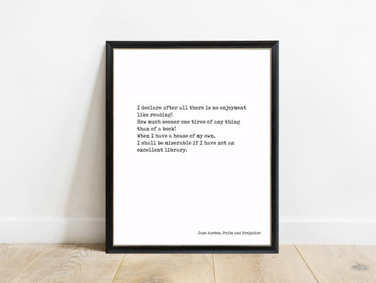 Jane Austen There Is No Enjoyment Like Reading typewriter print in a black frame, white background