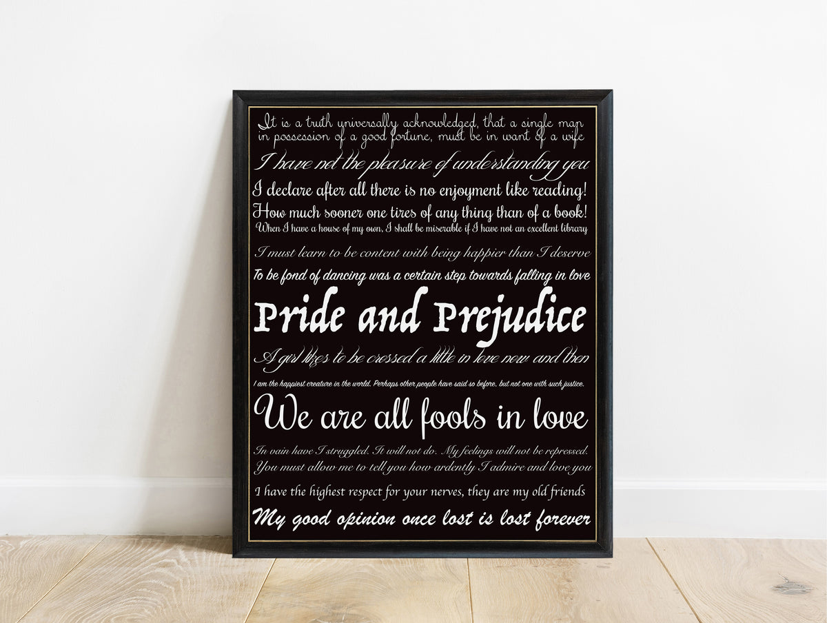 Jane Austen Pride and Prejudice quote collection print in a black frame, black background