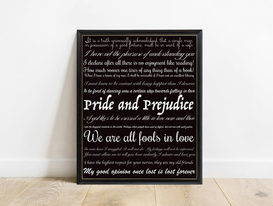 Jane Austen Pride and Prejudice quote collection print in a black frame, black background