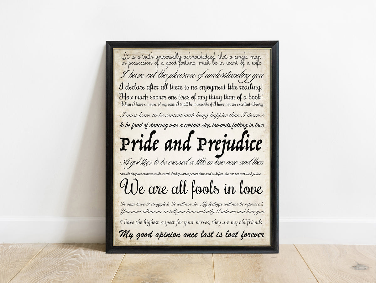 Jane Austen Pride and Prejudice quote collection print in a black frame, vintage background
