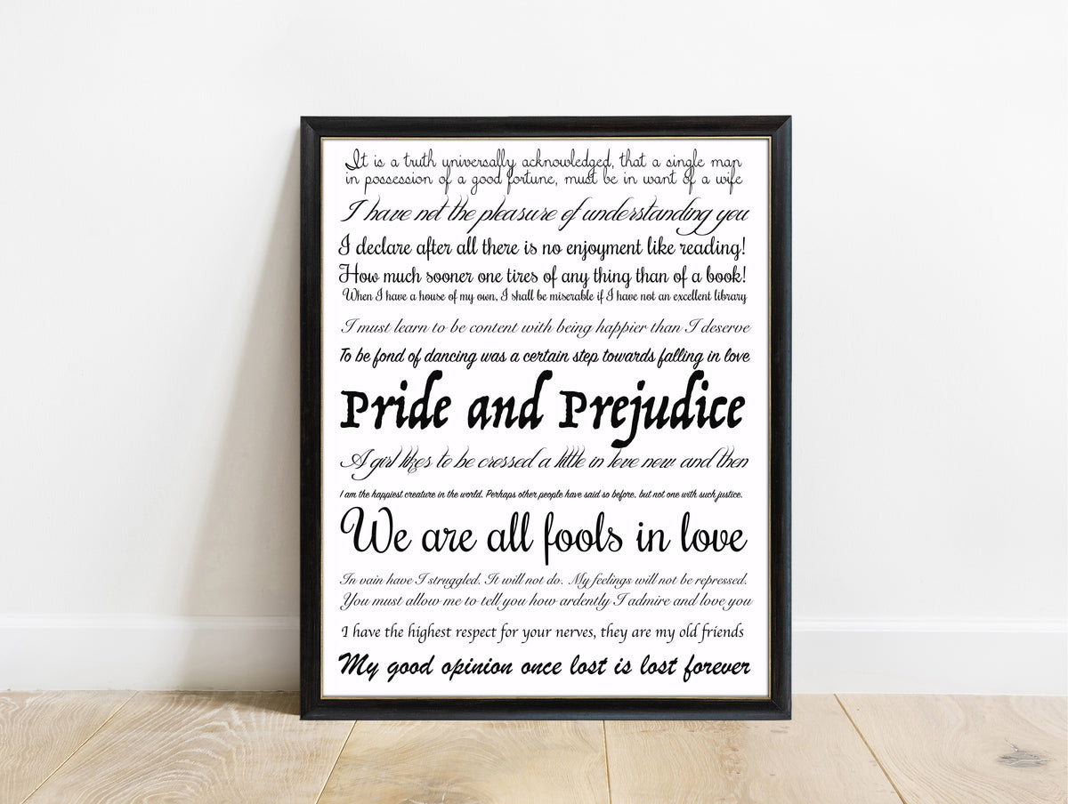Jane Austen Pride and Prejudice quote collection print in a black frame, white background