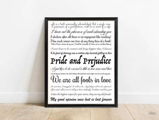 Jane Austen Pride and Prejudice quote collection print in a black frame, white background