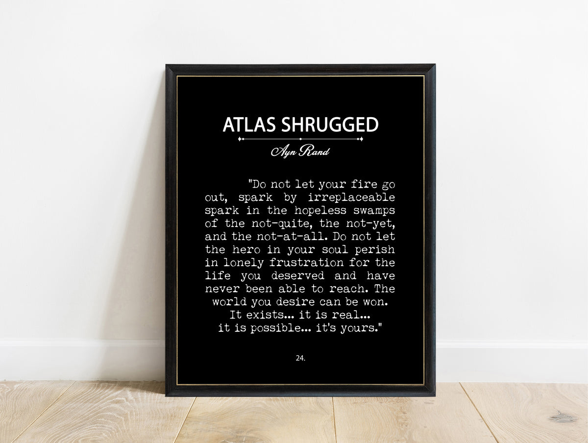Ayn Rand Atlas Shrugged book page print in a black frame, black background