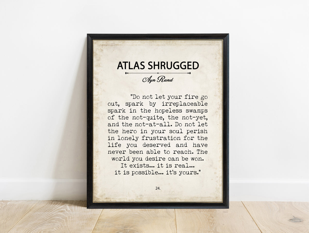 Ayn Rand Atlas Shrugged book page print in a black frame, vintage background
