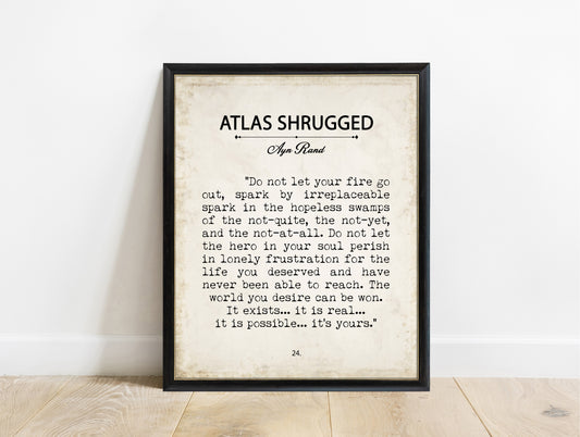 Ayn Rand Atlas Shrugged book page print in a black frame, vintage background