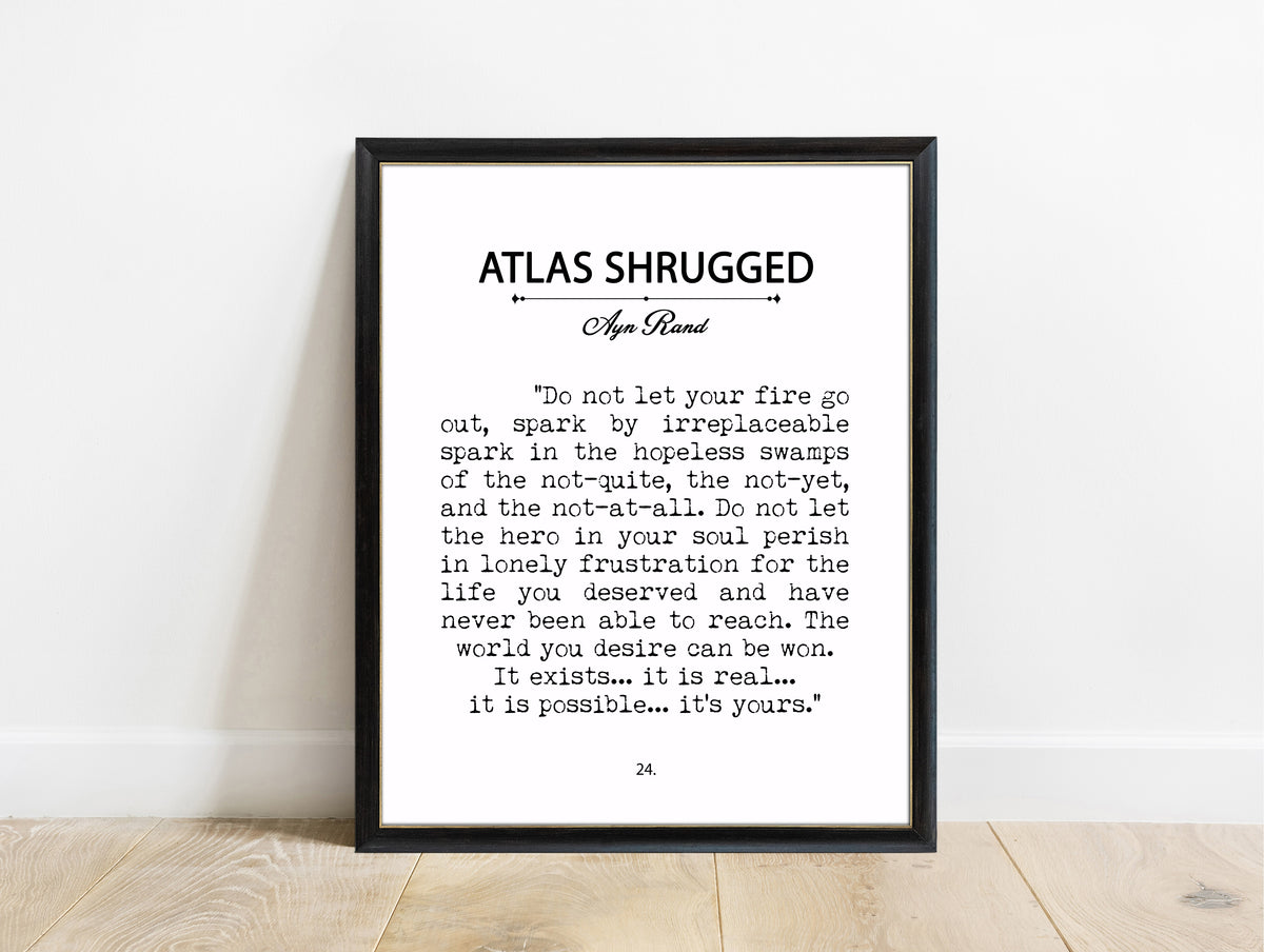 Ayn Rand Atlas Shrugged book page print in a black frame, white background