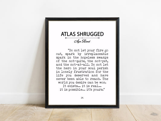 Ayn Rand Atlas Shrugged book page print in a black frame, white background