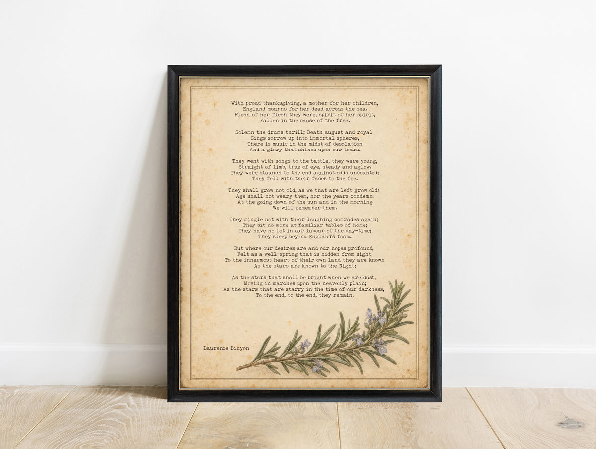 For the Fallen full poem by Laurence Binyon on aged paper with a sprig of rosemary, remembrance poem print in a black frame