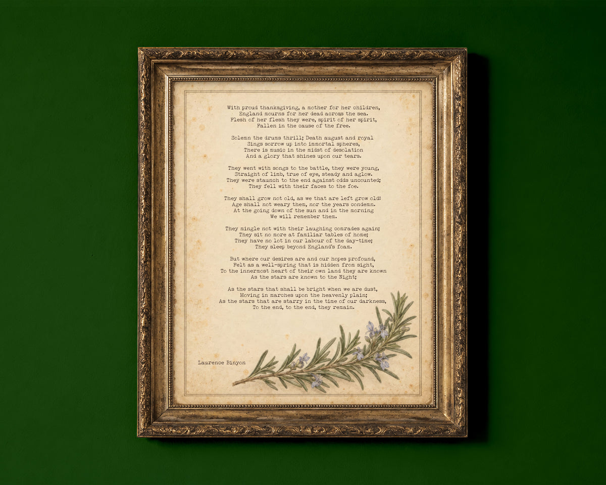 For the Fallen full poem by Laurence Binyon on aged paper with a sprig of rosemary, remembrance poem print shown in a gold frame for display only; framed prints are sent in a black frame