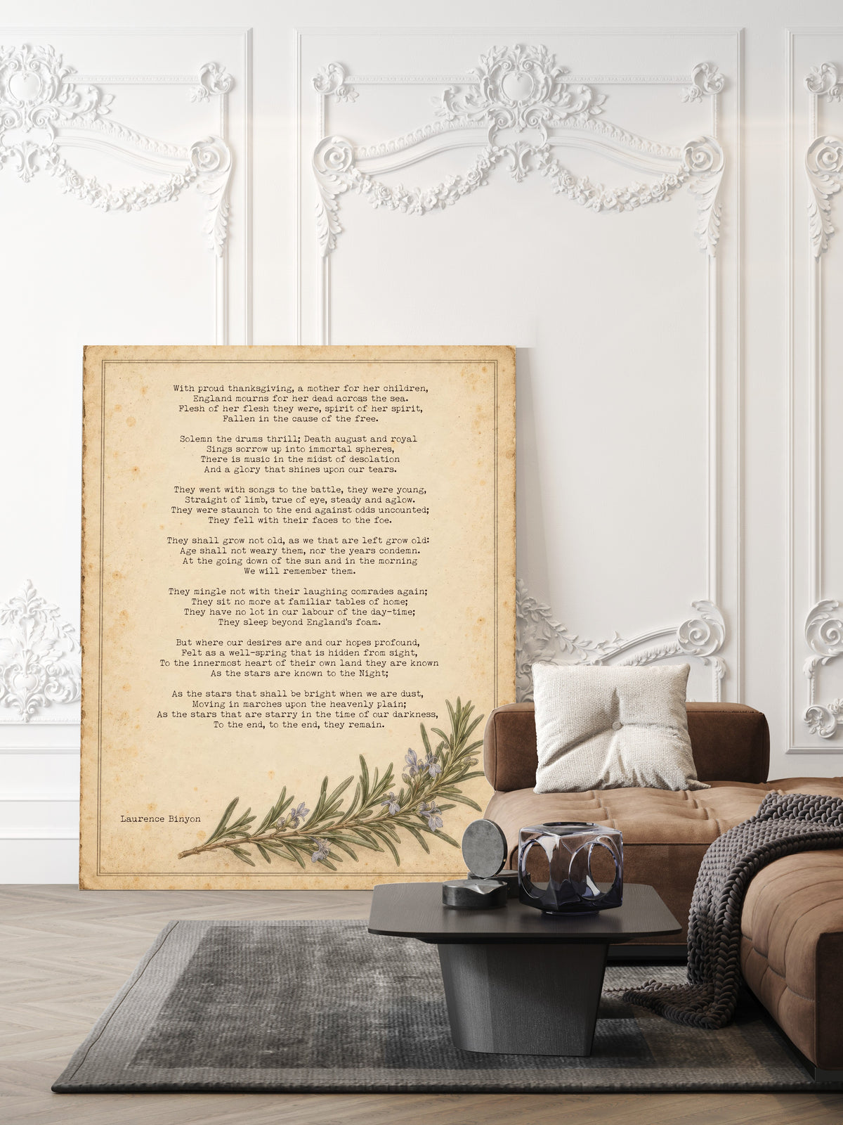 For the Fallen full poem by Laurence Binyon on aged paper with a sprig of rosemary, remembrance poem print shown unframed in a living room