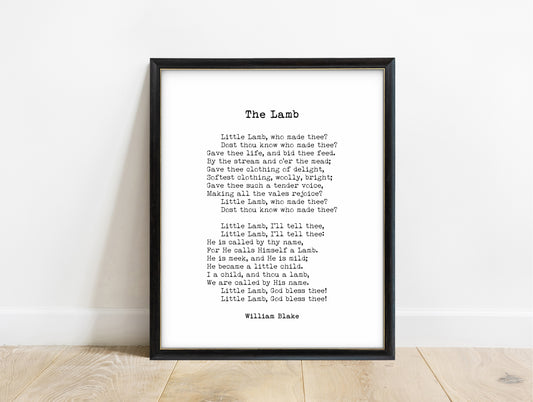 William Blake The Lamb full poem print in a black frame, white background