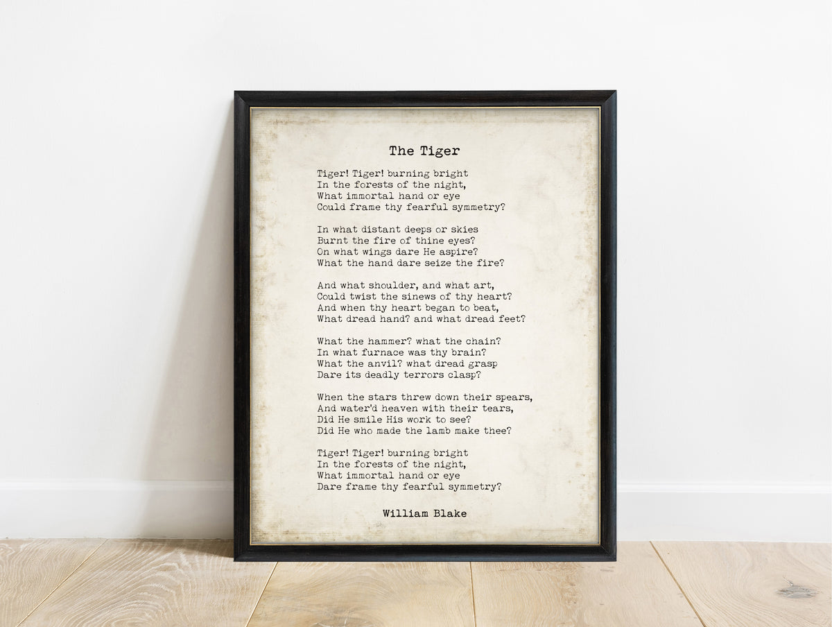 William Blake The Tiger full poem typewriter print in a black frame, vintage background