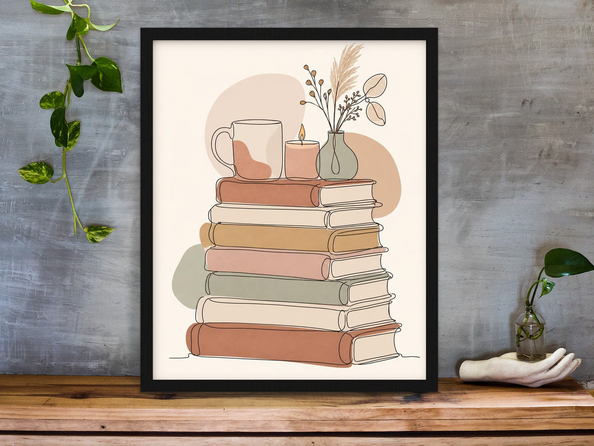 Line art stack of books with a mug, candle and vase of dried flowers in boho colours framed on a desk