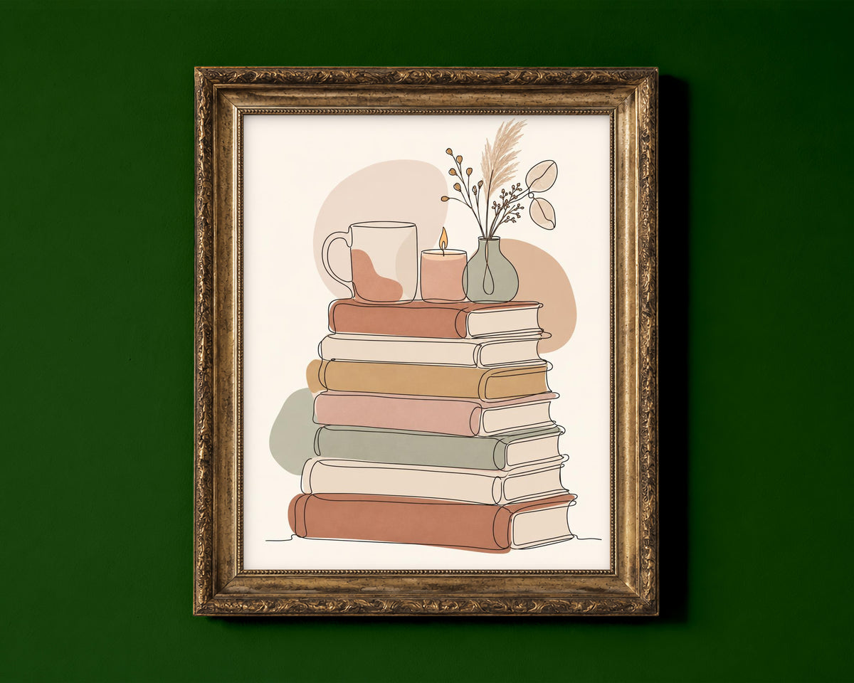 Line art stack of books with a mug, candle and vase of dried flowers in boho colours shown in a gold frame for display only; framed prints are sent in a black frame