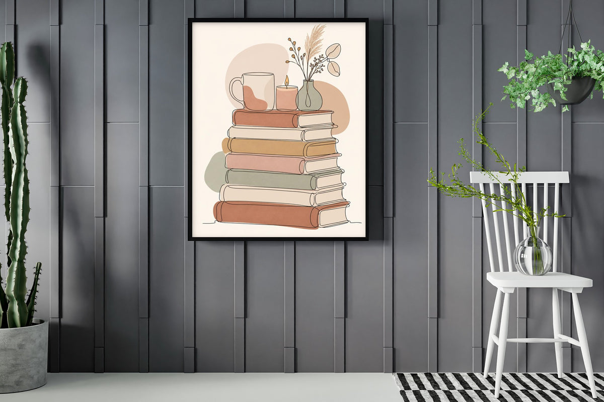 Line art stack of books with a mug, candle and vase of dried flowers in boho colours framed in a room with plants