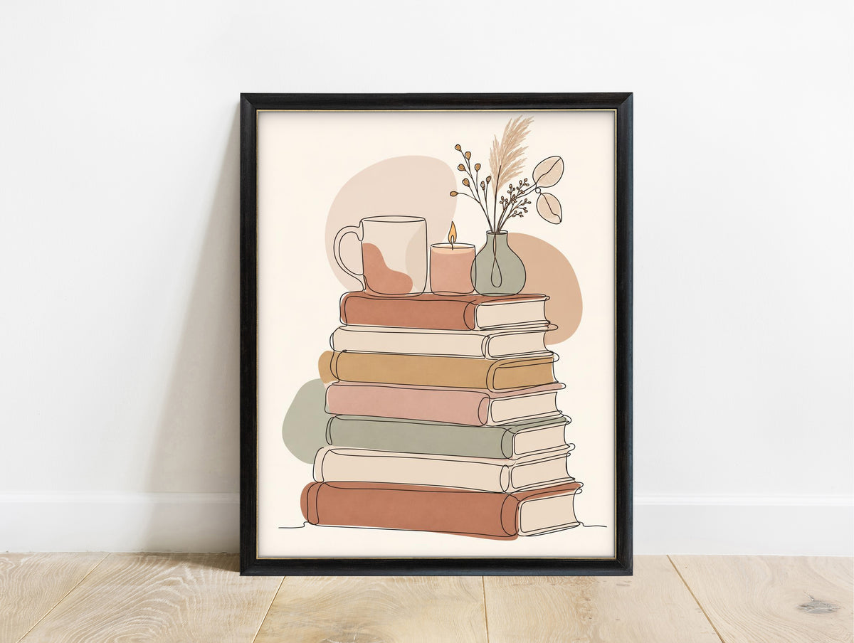 Line art stack of books with a mug, candle and vase of dried flowers in boho colours in a black frame