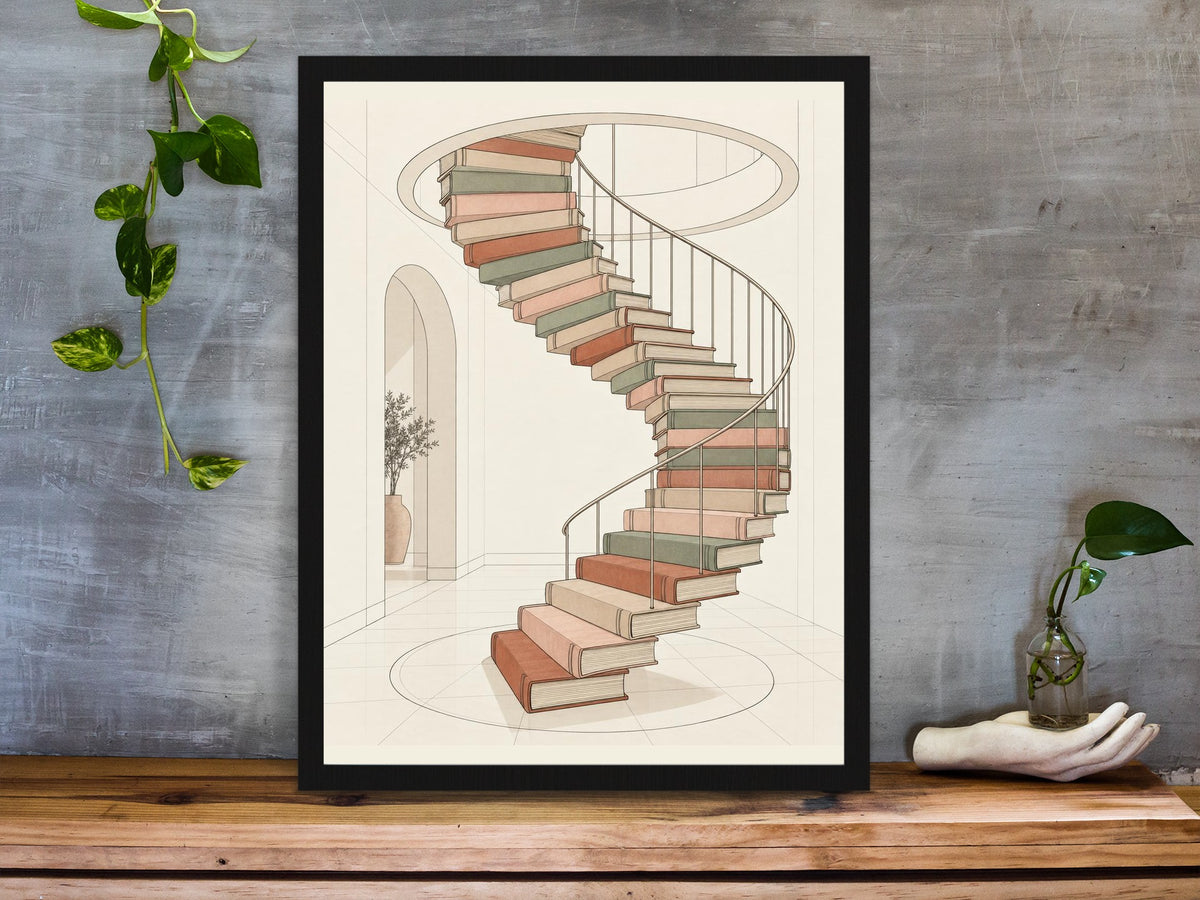 Spiral staircase made of books illustration print framed on a desk