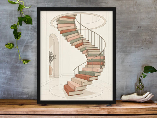 Spiral staircase made of books illustration print framed on a desk