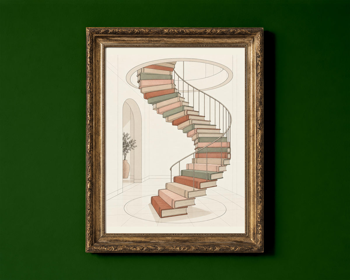 Spiral staircase made of books illustration print shown in a gold frame for display only; framed prints are sent in a black frame