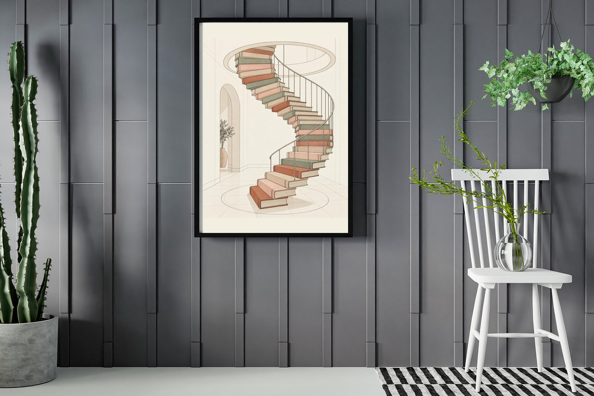 Spiral staircase made of books illustration print framed in a room with plants