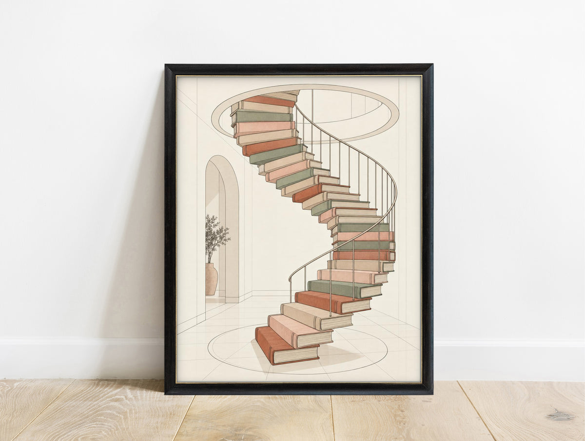Spiral staircase made of books illustration print in a black frame