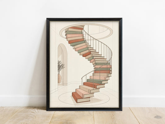 Spiral staircase made of books illustration print in a black frame