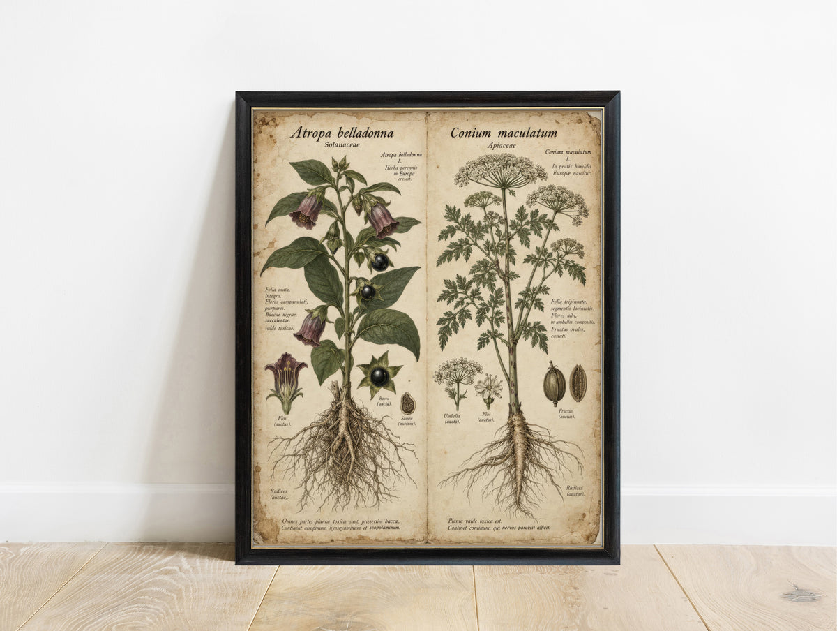 Belladonna and hemlock vintage botanical illustration with Latin notes, dark academia poison plants print in a black frame