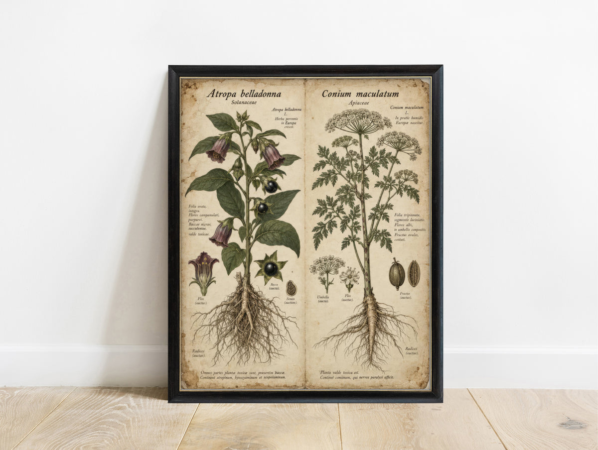 Belladonna and hemlock vintage botanical illustration with Latin notes, dark academia poison plants print in a black frame