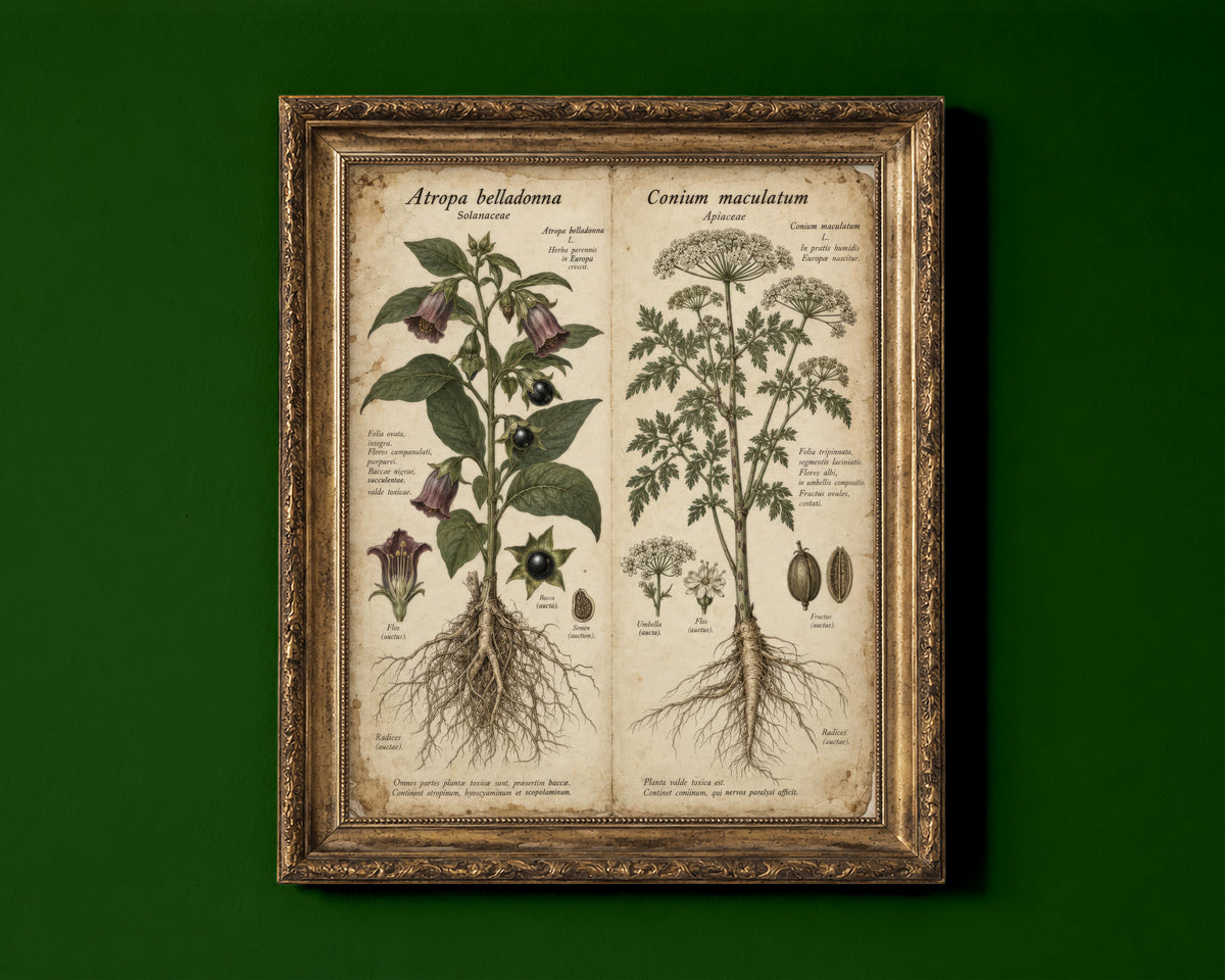 Belladonna and hemlock vintage botanical illustration with Latin notes, dark academia poison plants print shown in a gold frame for display only; framed prints are sent in a black frame