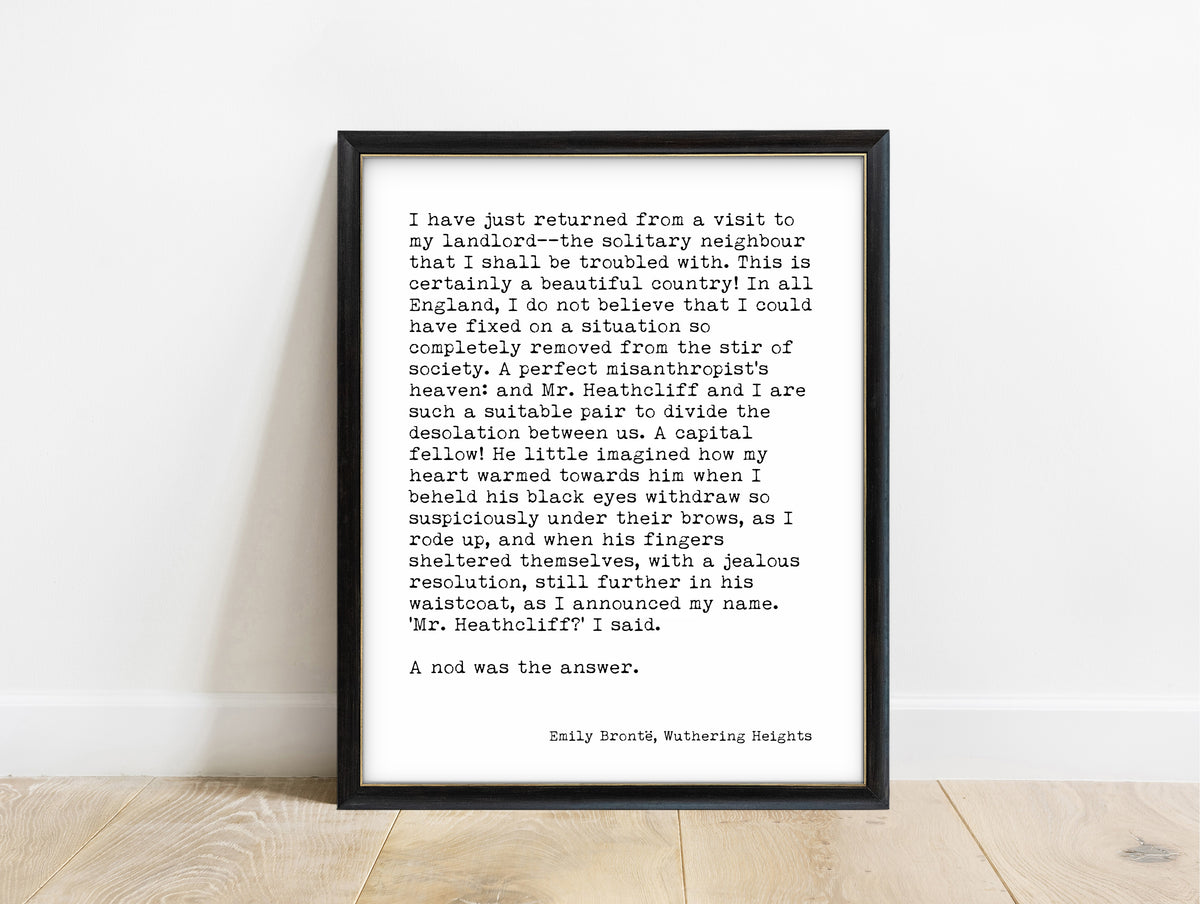 Emily Brontë Wuthering Heights opening lines print in a black frame, white background
