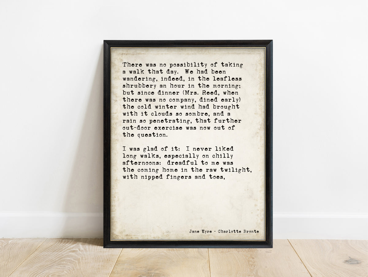 Charlotte Brontë Jane Eyre opening lines print in a black frame, vintage background