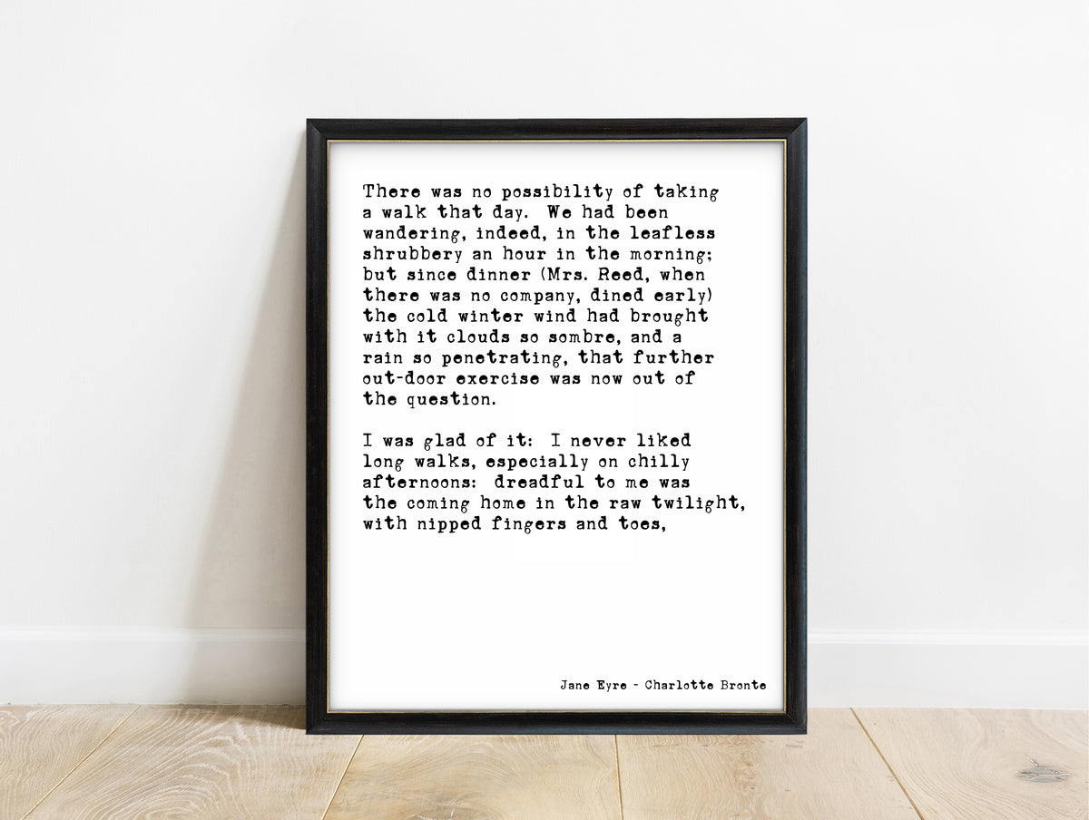 Charlotte Brontë Jane Eyre opening lines print in a black frame, white background