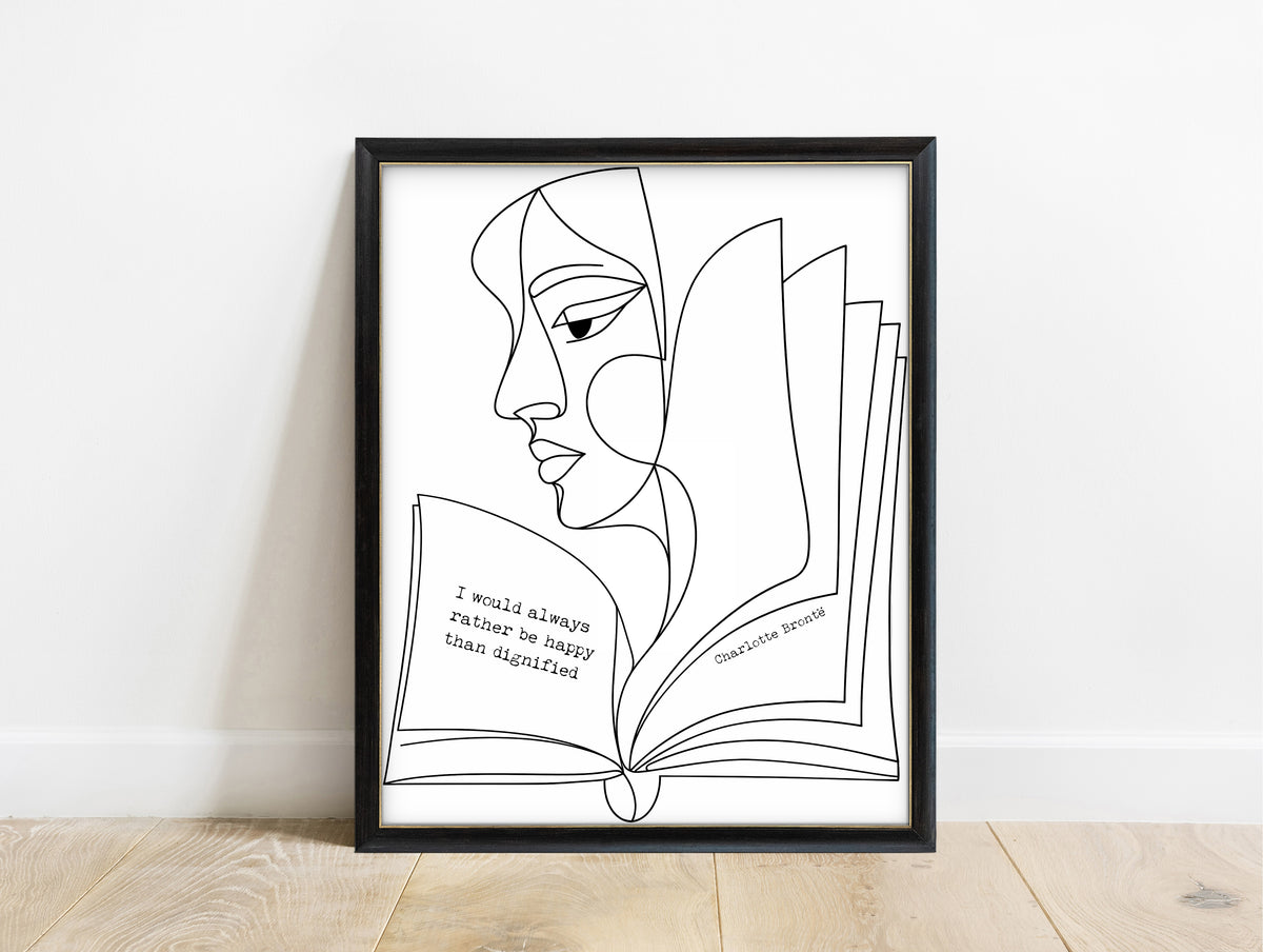 Charlotte Brontë I would always rather be happy than dignified quote on an open book with a face, line art, in a black frame, white background